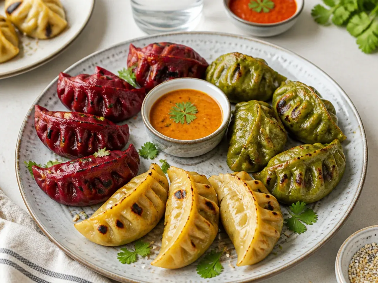 Playful rainbow beetroot and spinach tandoori momos recipe in three colors