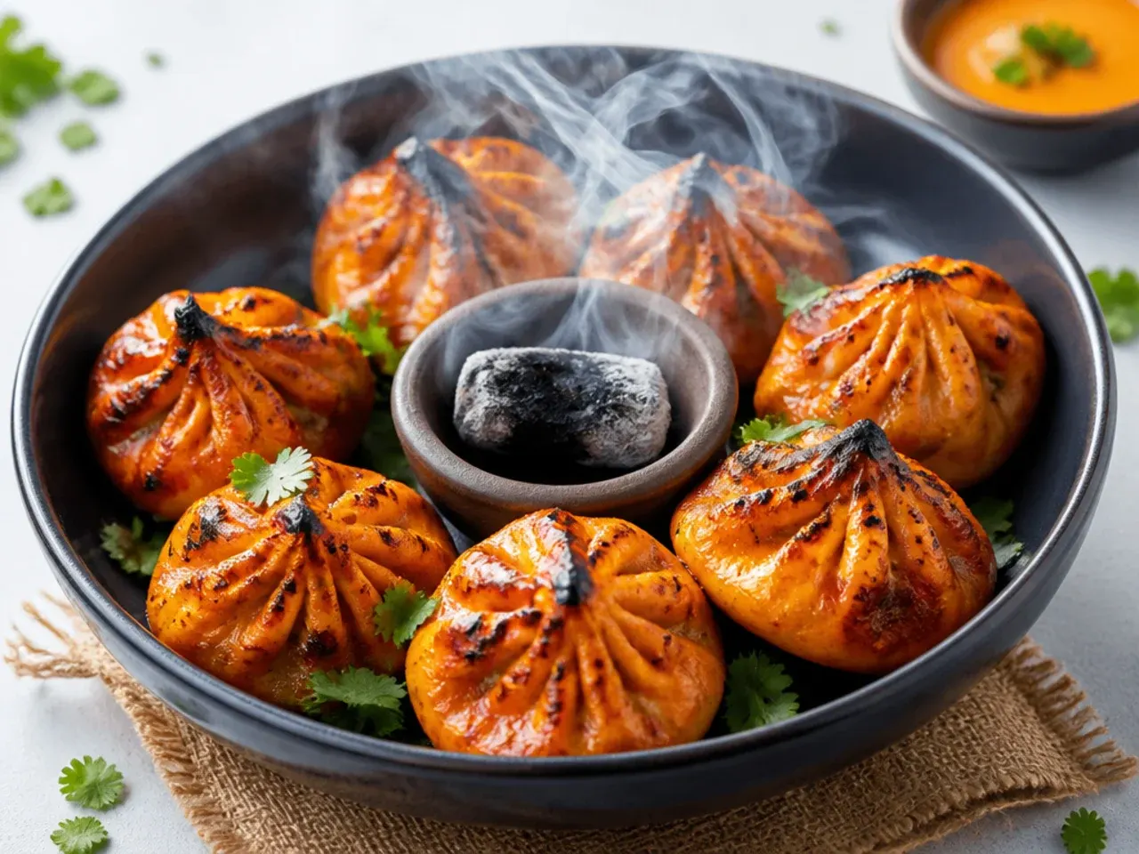 Rustic charcoal-smoked tandoori momos recipe with dhungar smoking method