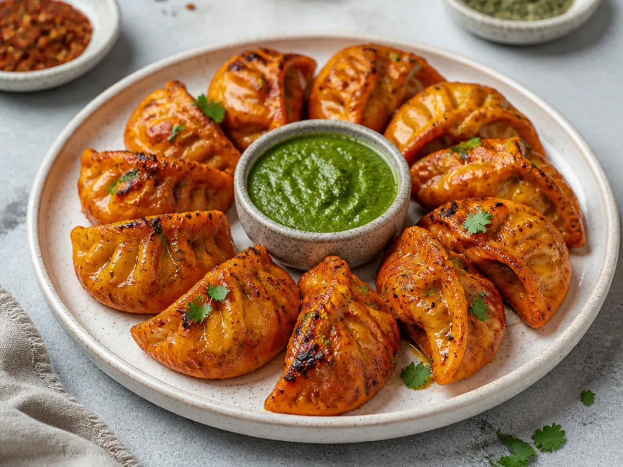 Colorful achari tandoori momos recipe speckled with pickle spices