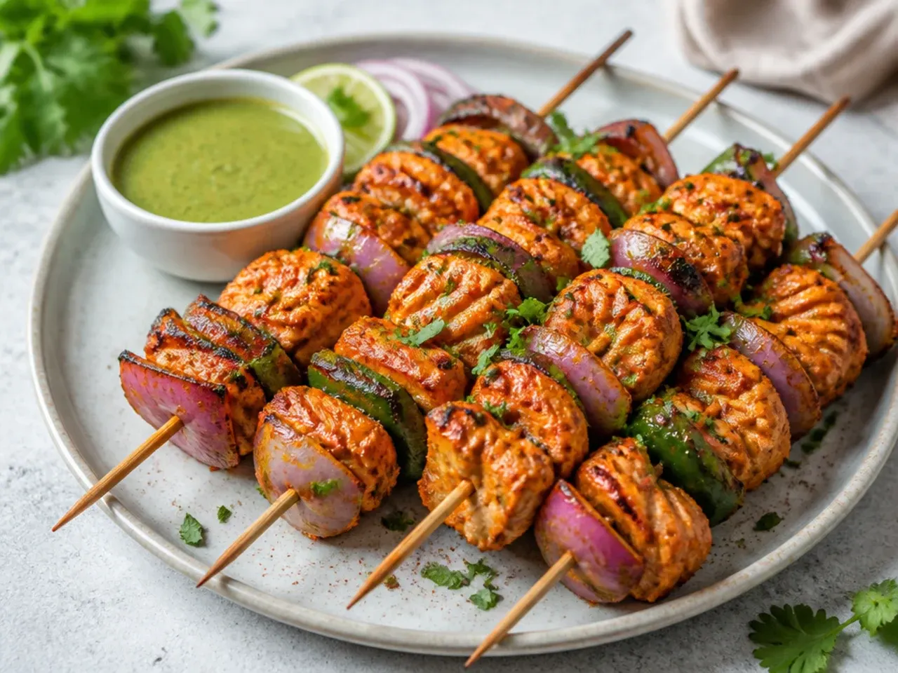 Festive paneer tikka tandoori momos recipe skewered with onion and capsicum