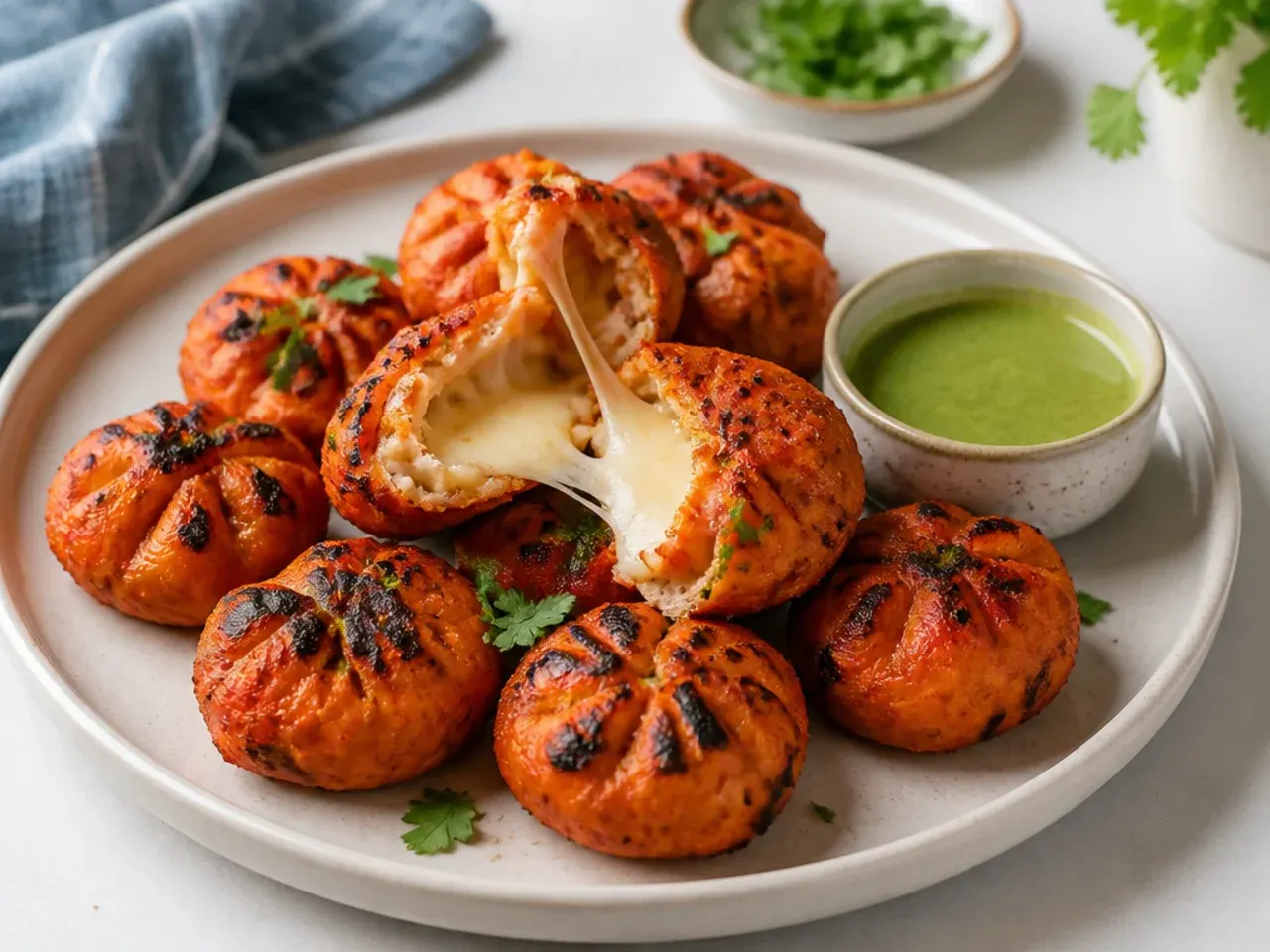 Whimsical cheese-burst tandoori momos recipe with melting mozzarella center