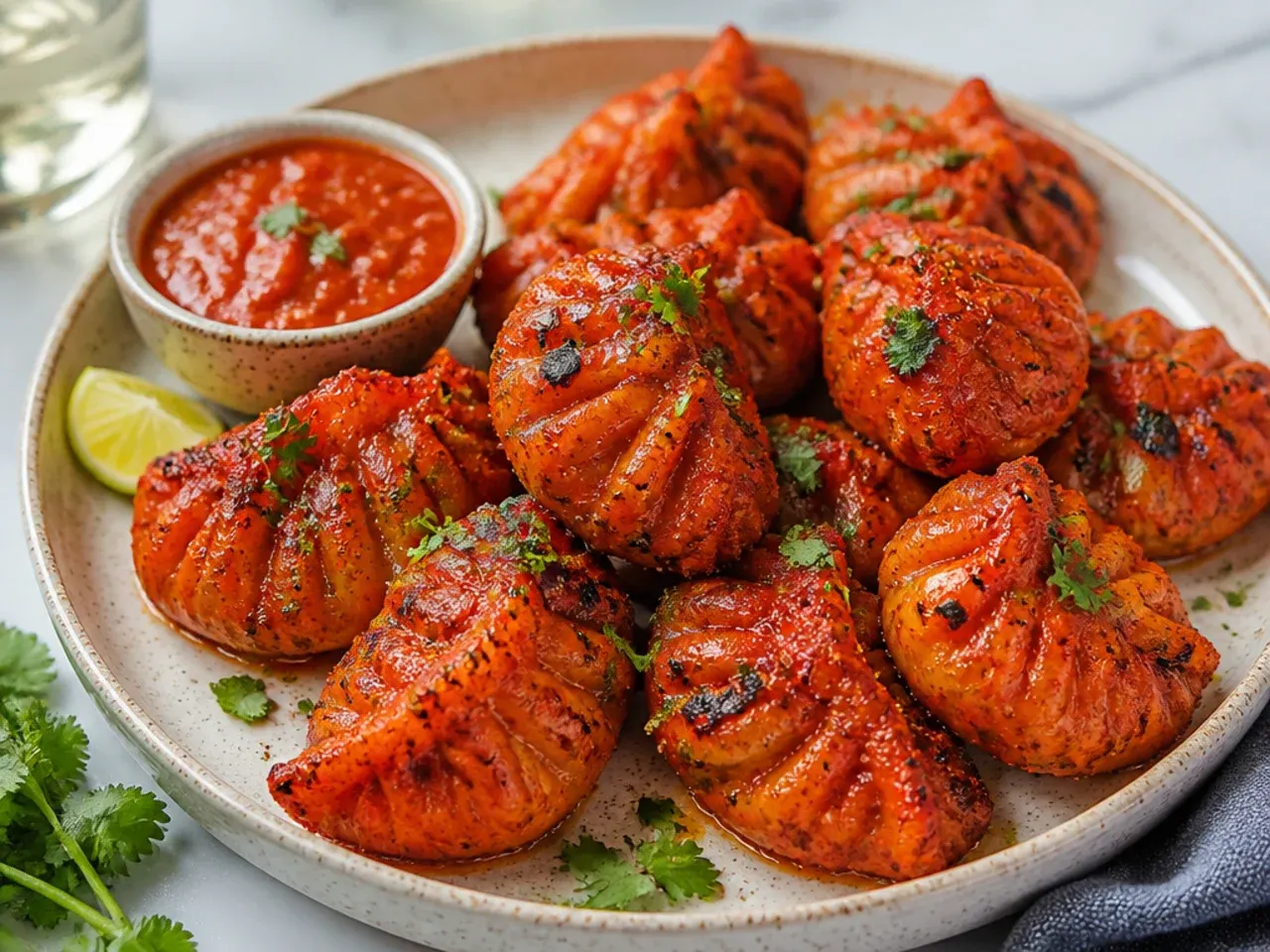 Bold peri-peri tandoori momos recipe tossed in fiery red chili seasoning