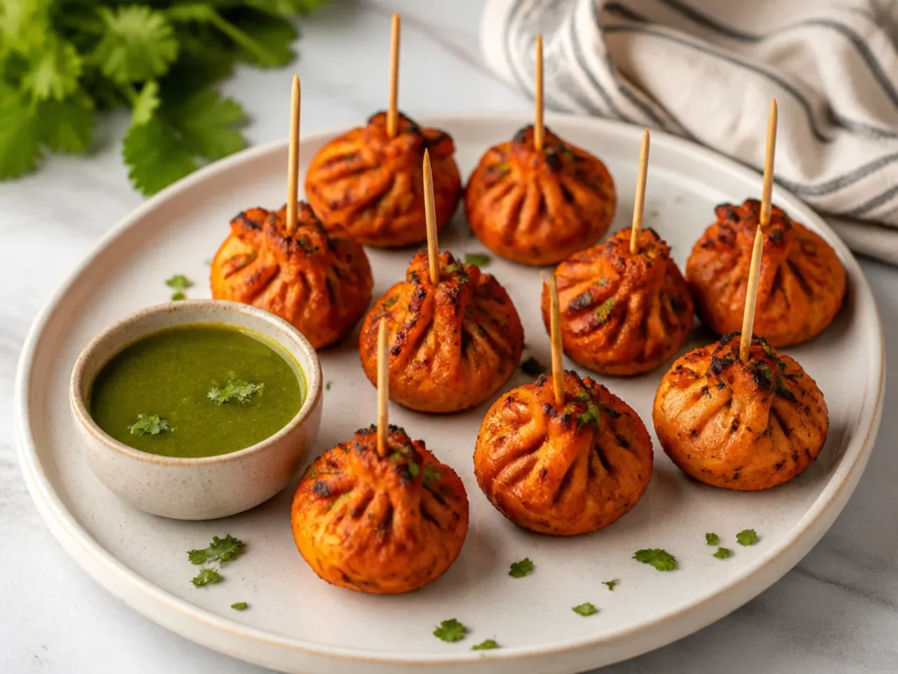 Charming mini cocktail tandoori momos recipe on toothpicks with chutney