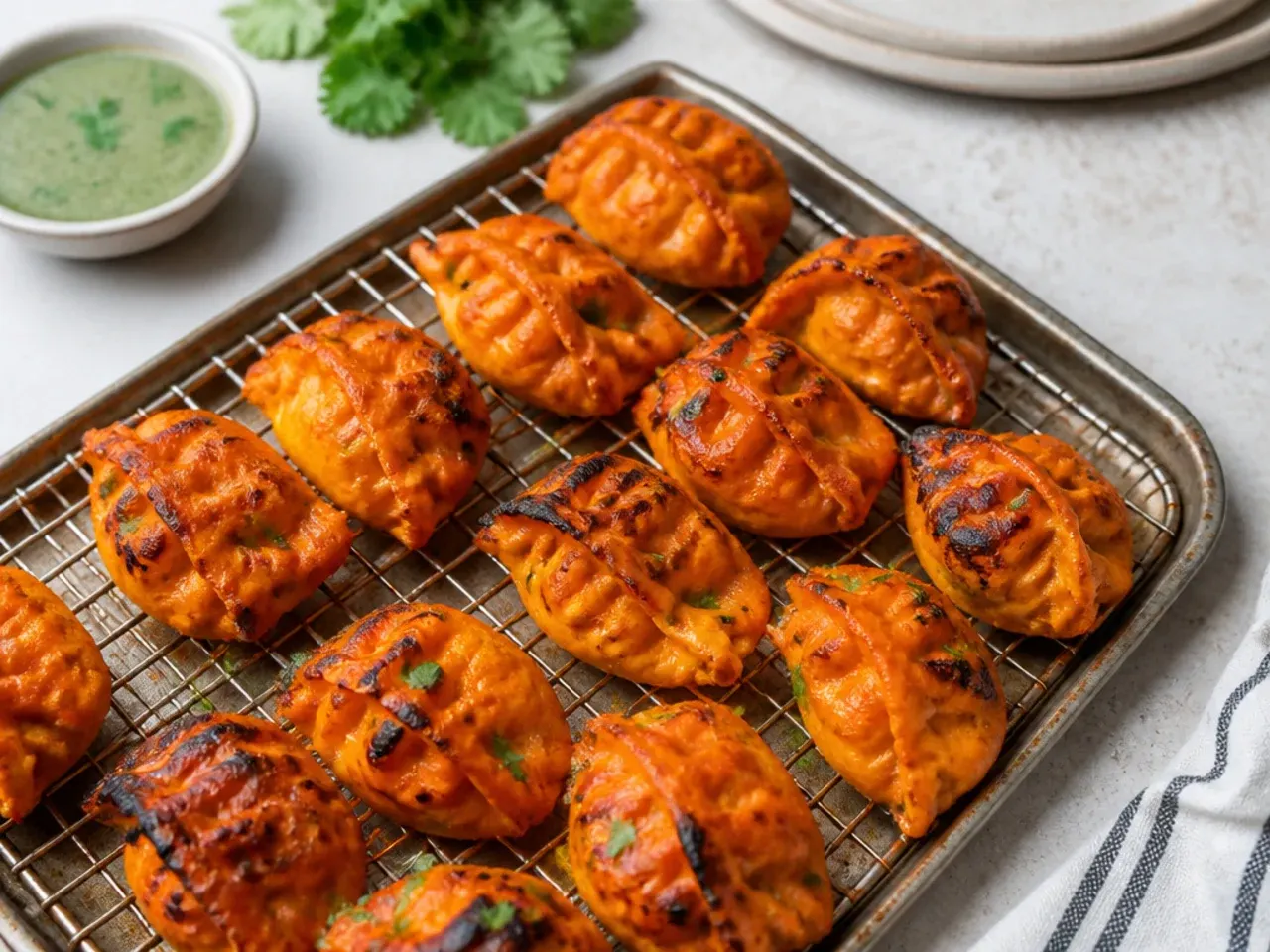 Easy sheet-pan batch tandoori momos recipe roasting on a wire rack