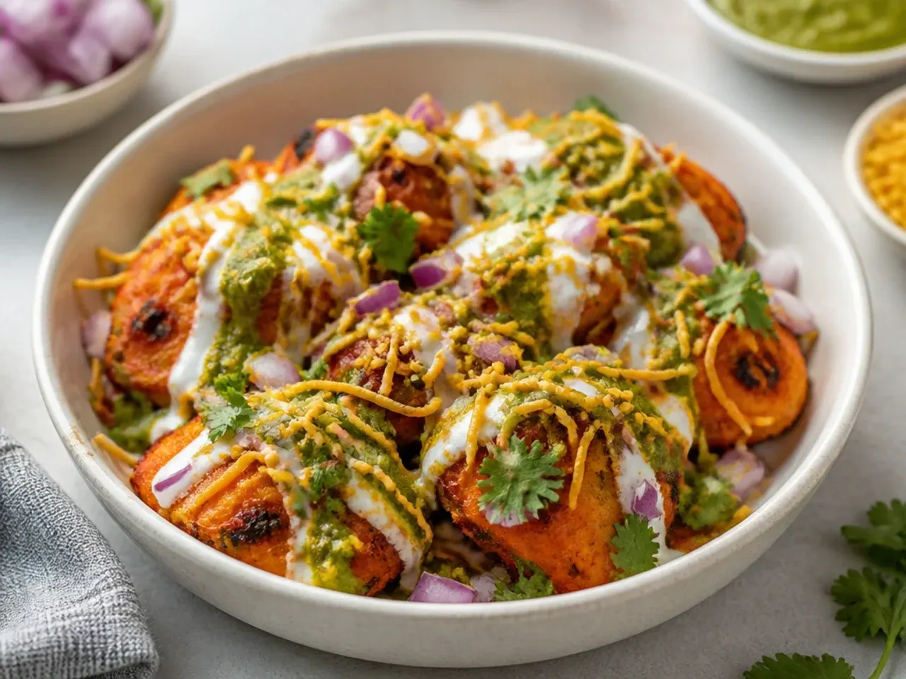 Playful tandoori momos chaat recipe loaded with chutney, onion, and sev