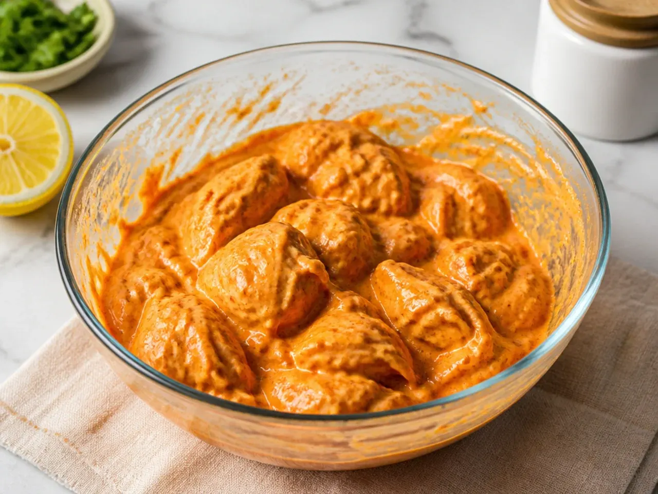 Pro tips for tandoori momos recipe showing thick yogurt marinade coating