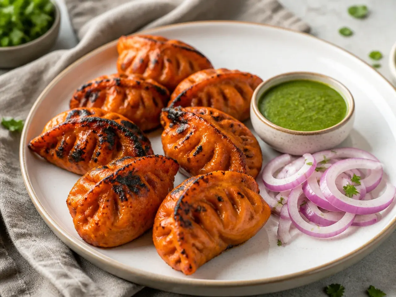Serving suggestions for tandoori momos recipe with mint chutney and onion rings
