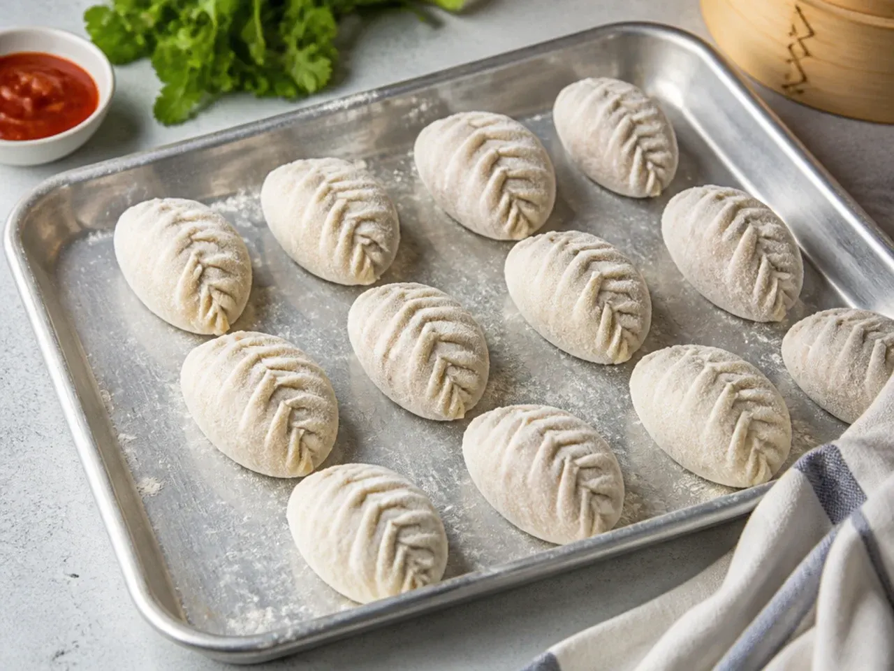 Storage and reheating tandoori momos recipe with frozen momos on a tray