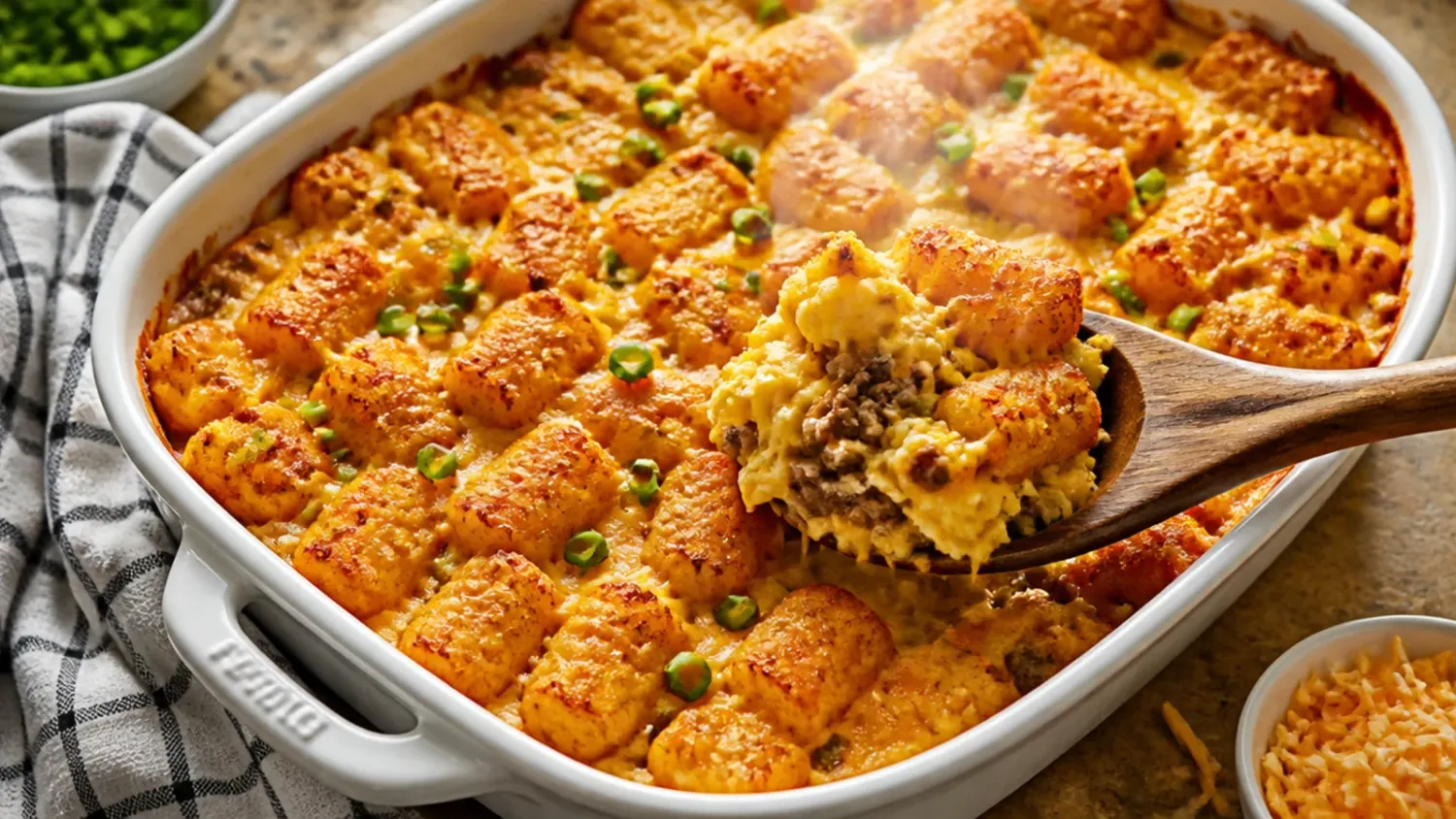 Golden tater tot breakfast casserole in a white baking dish, sliced into squares showing melted cheddar, sausage and set egg custard