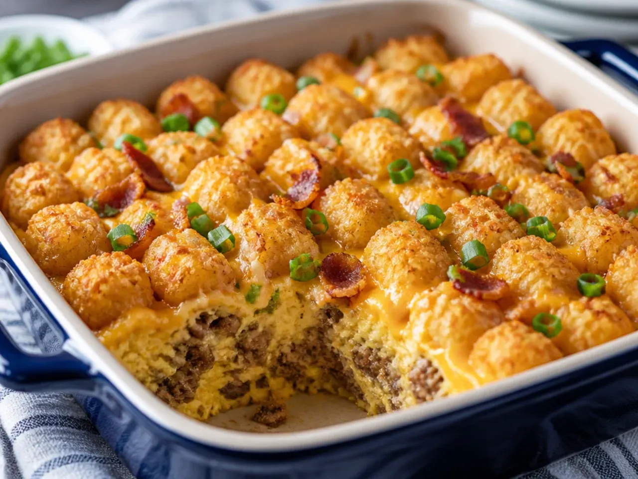 Overhead shot of tater tot breakfast casserole ingredients laid out before assembling, including frozen tots, eggs, sausage and shredded cheddar