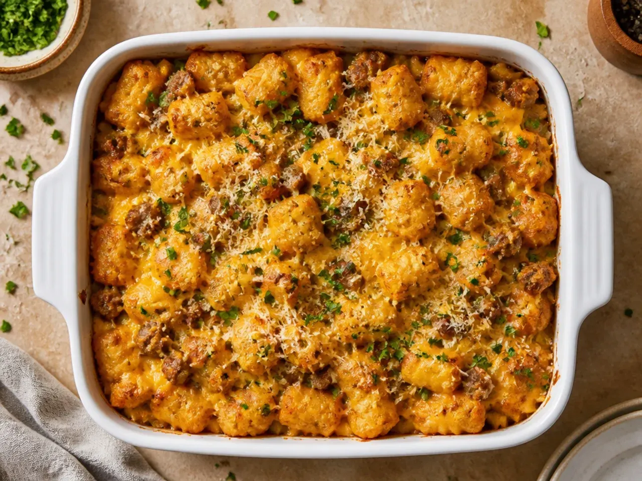 Classic tater tot breakfast casserole with sausage and golden melted cheddar