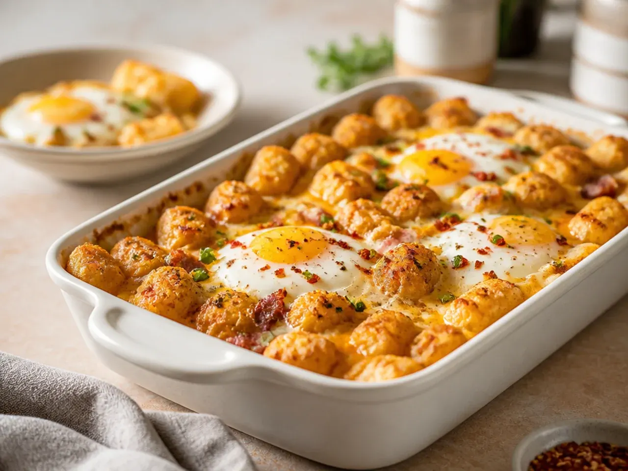 Bacon and egg tater tot breakfast casserole topped with crispy bacon crumbles