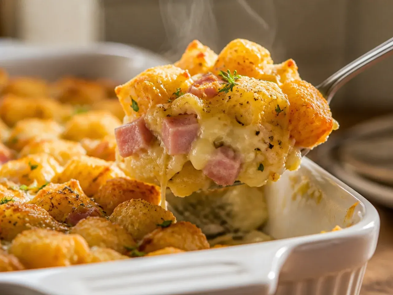 Ham and Swiss tater tot breakfast casserole with melted cheese and diced ham