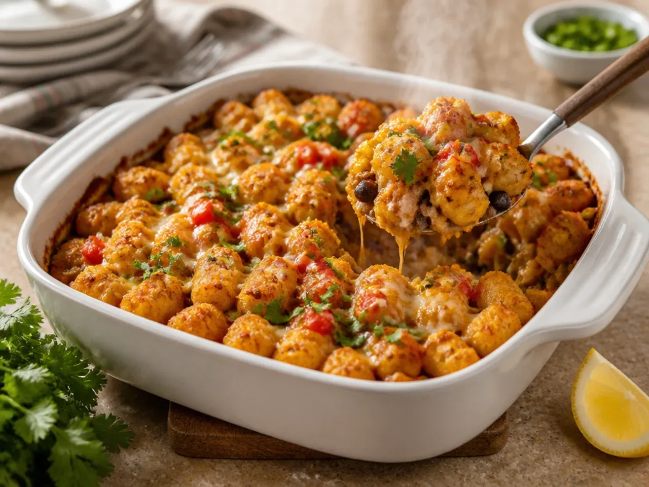 Loaded Southwest tater tot breakfast casserole topped with avocado and soured cream