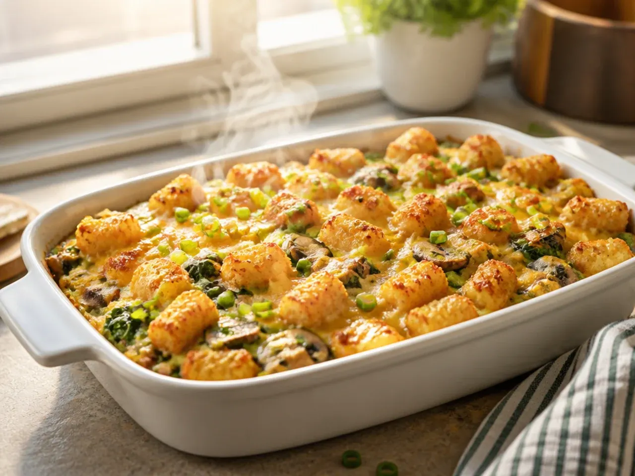 Veggie-packed tater tot breakfast casserole with spinach and mushrooms