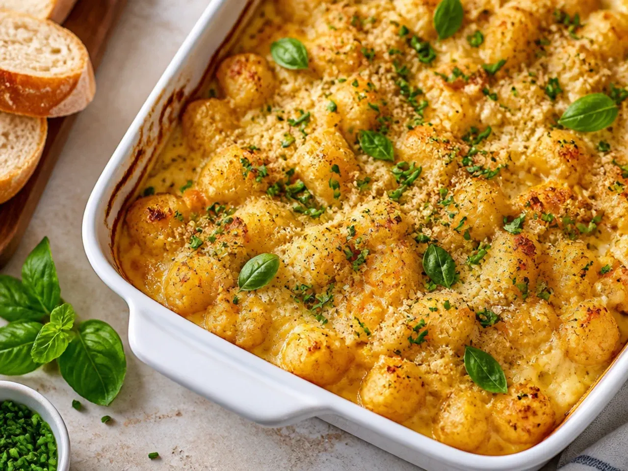 Cream cheese and chive tater tot breakfast casserole with a creamy sliced interior