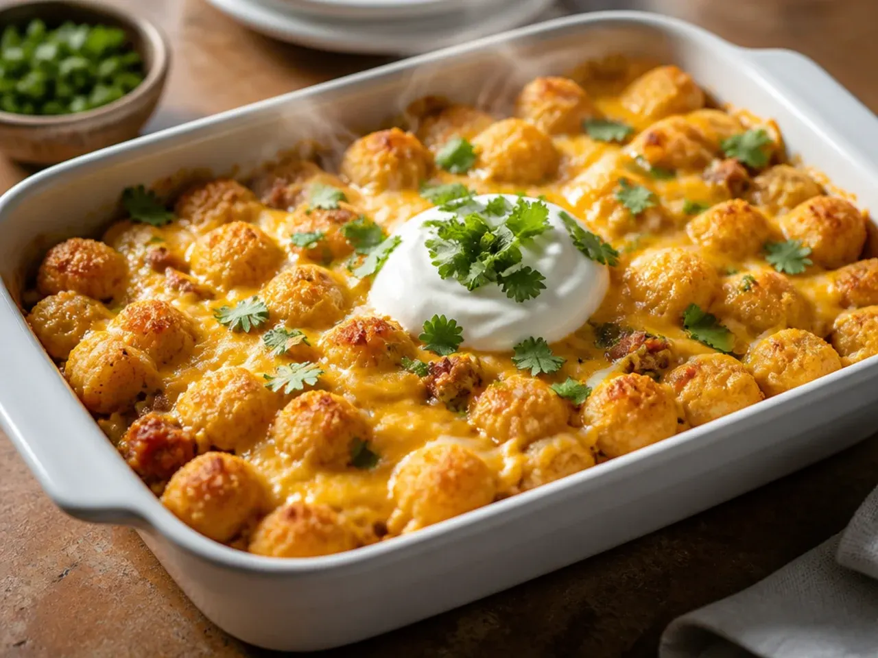 Three-cheese tater tot breakfast casserole with stretchy melted cheese on top