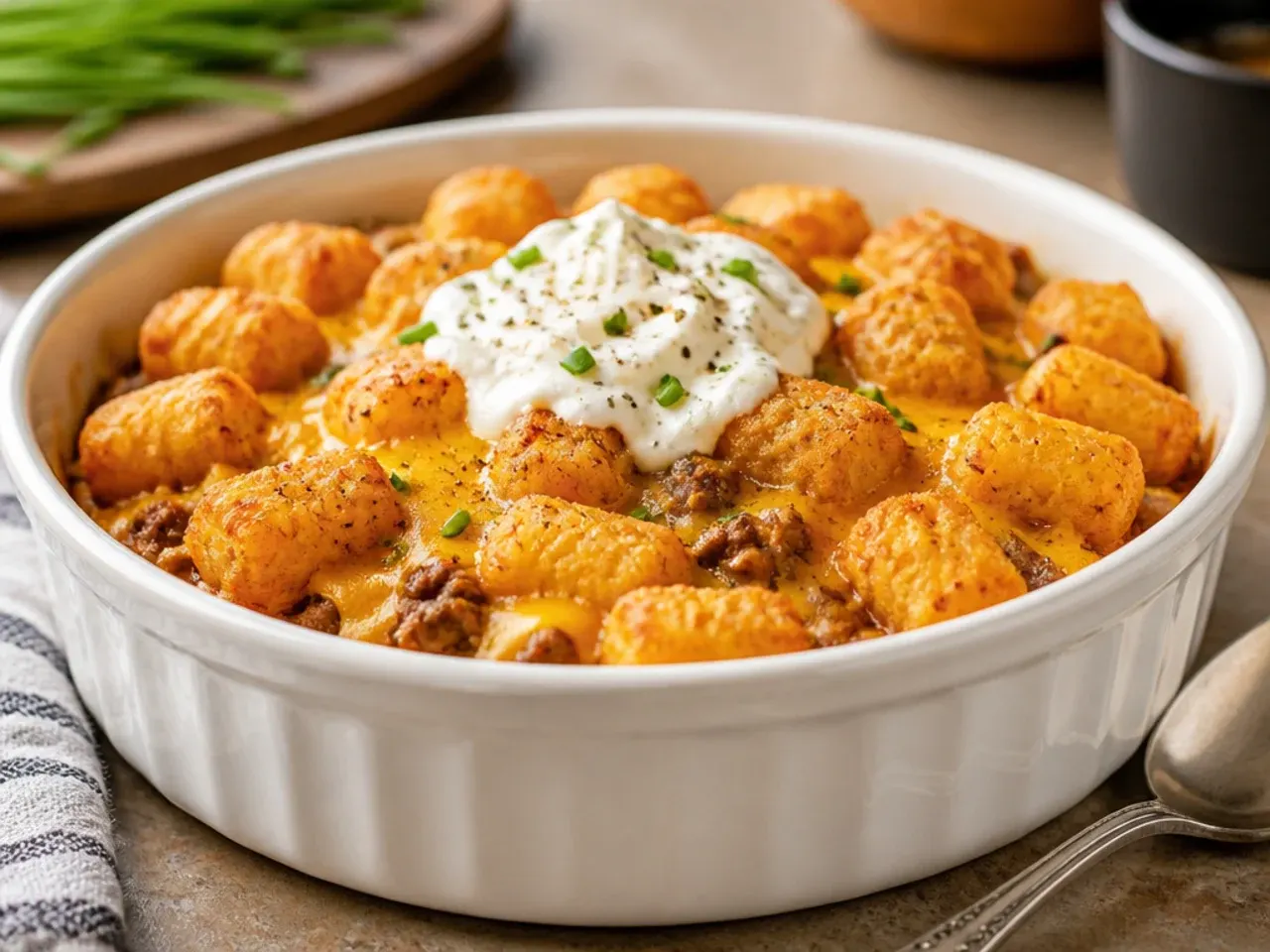 Slow cooker filled with tater tot breakfast casserole, lid resting to the side