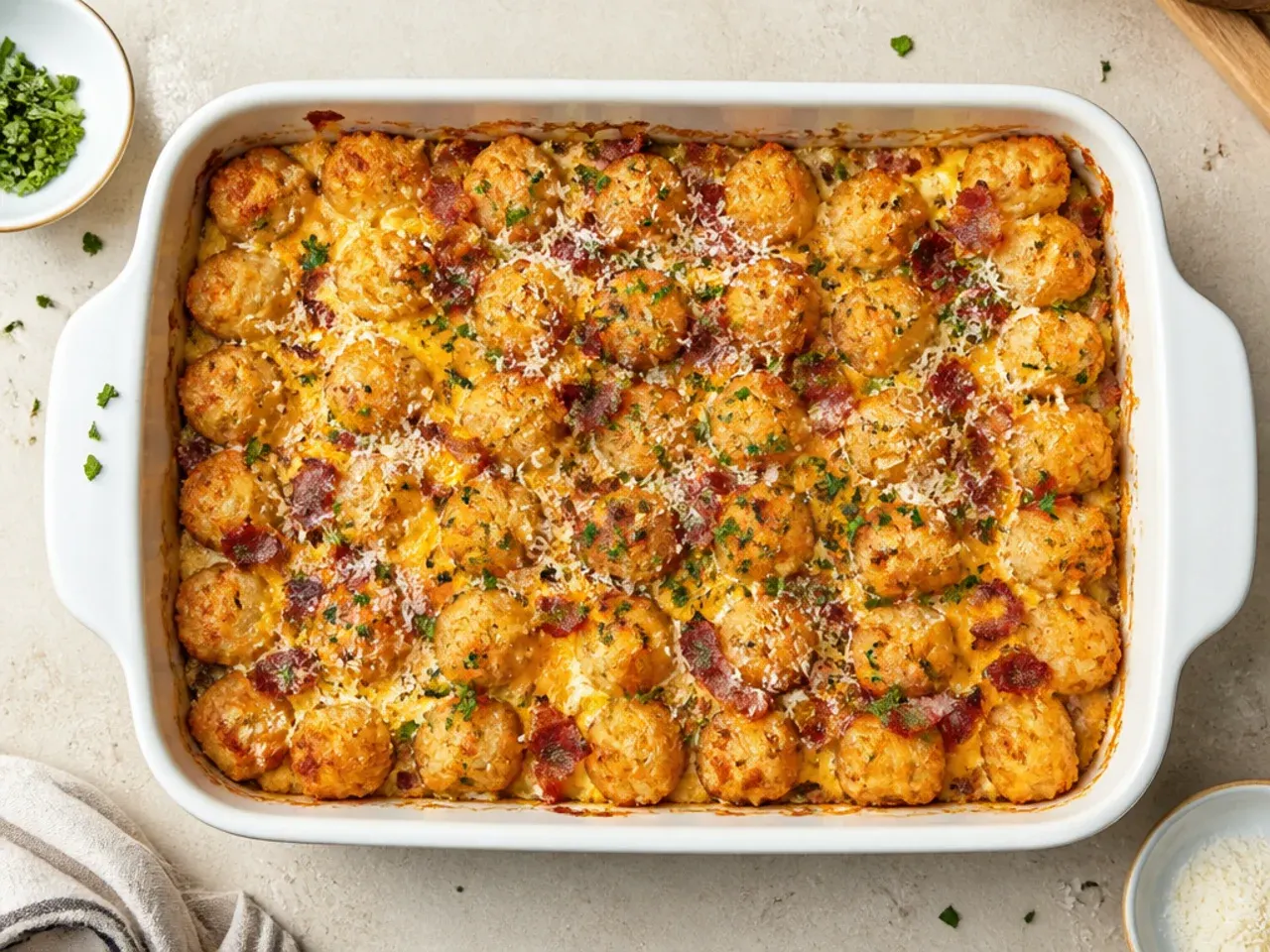 Budget-friendly tater tot breakfast casserole made with bacon bits and mild cheddar