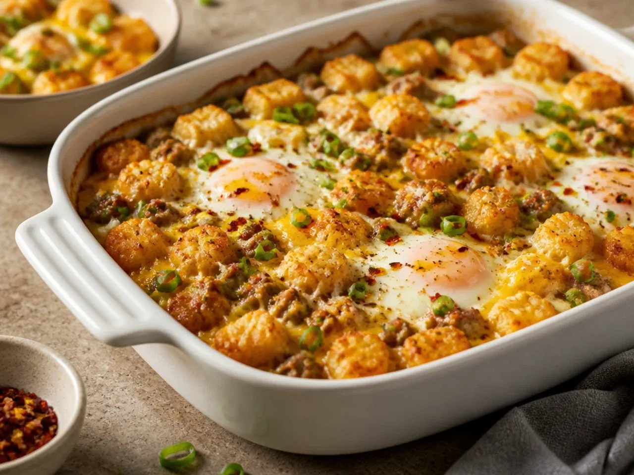 Weeknight tater tot breakfast casserole cooked in a large skillet