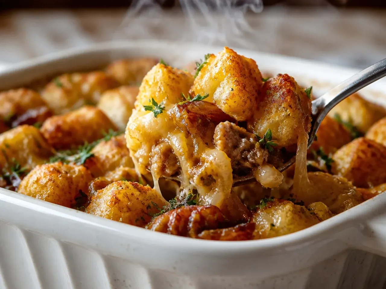 Rustic farmhouse tater tot breakfast casserole with caramelised onion