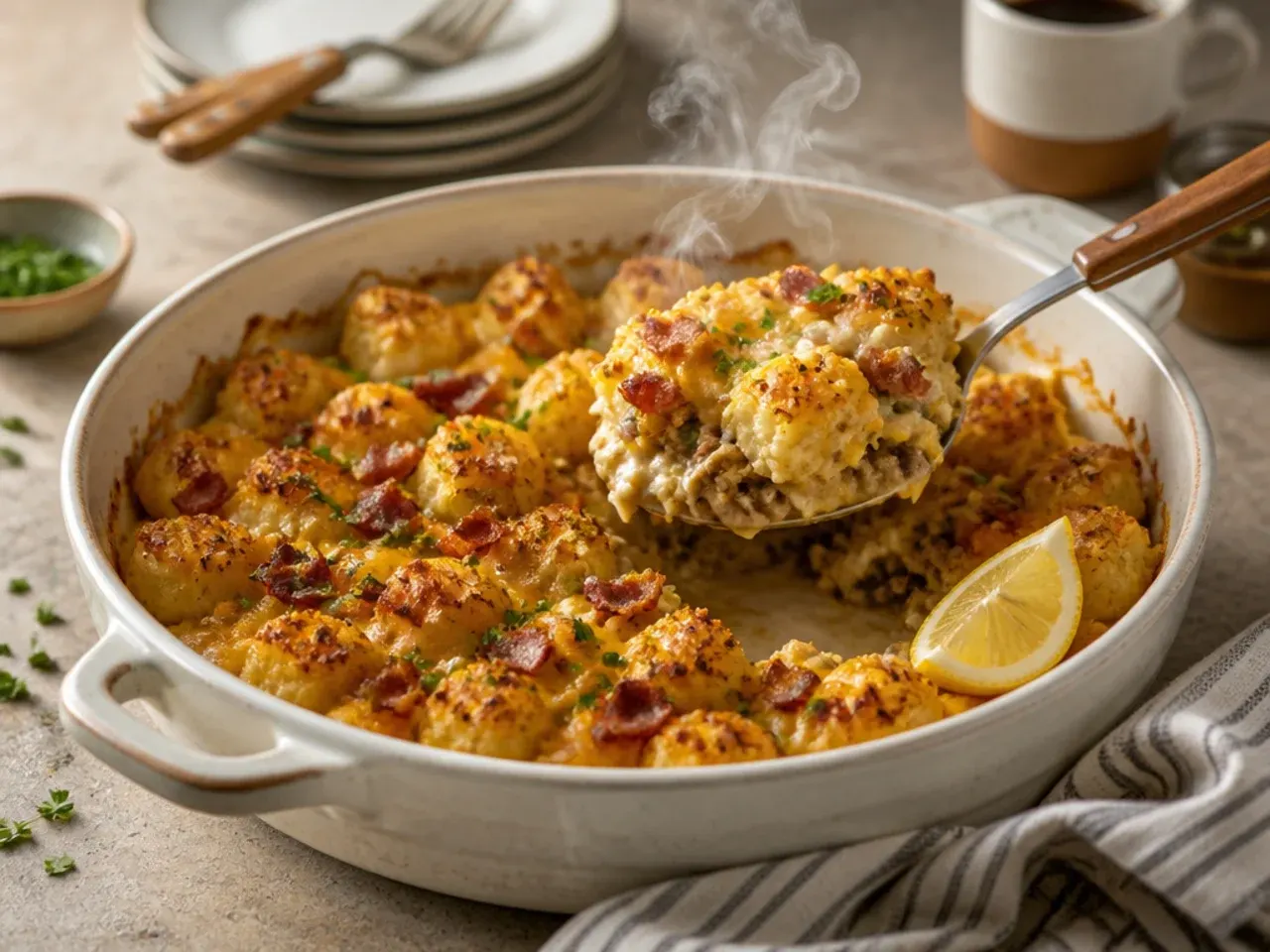 Loaded fully-dressed tater tot breakfast casserole with sausage, ham and bacon