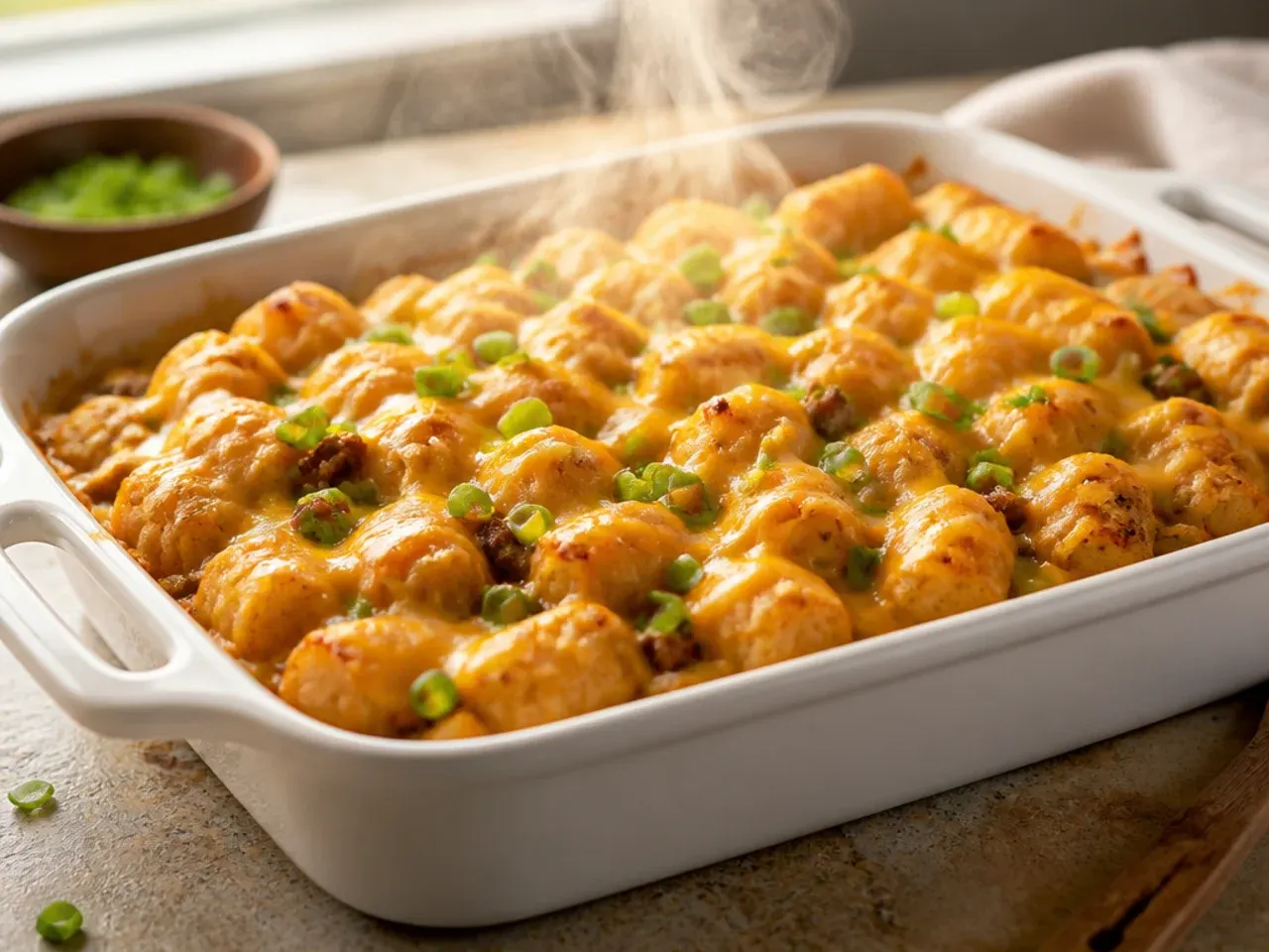 Large sheet pan of tater tot breakfast casserole cut into square portions