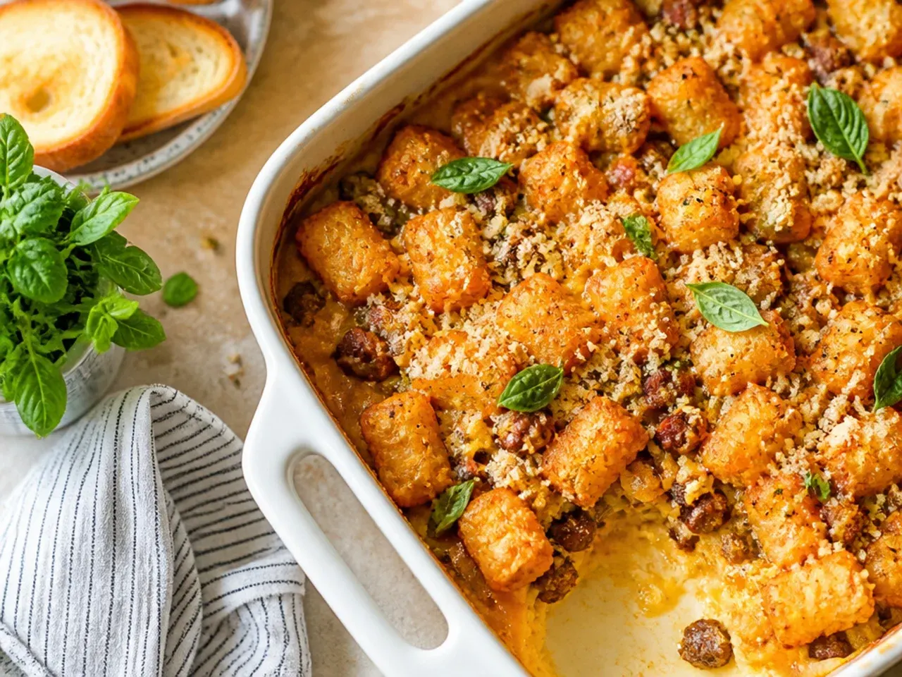 Best-ever maple sausage tater tot breakfast casserole with a golden top
