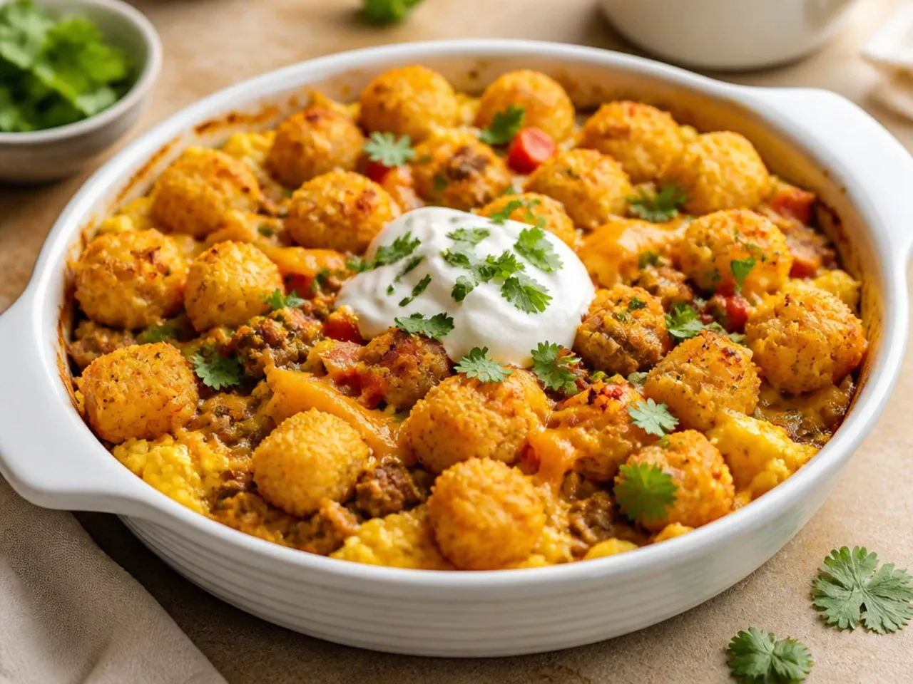 One-pot stovetop tater tot breakfast casserole cooked in a deep skillet