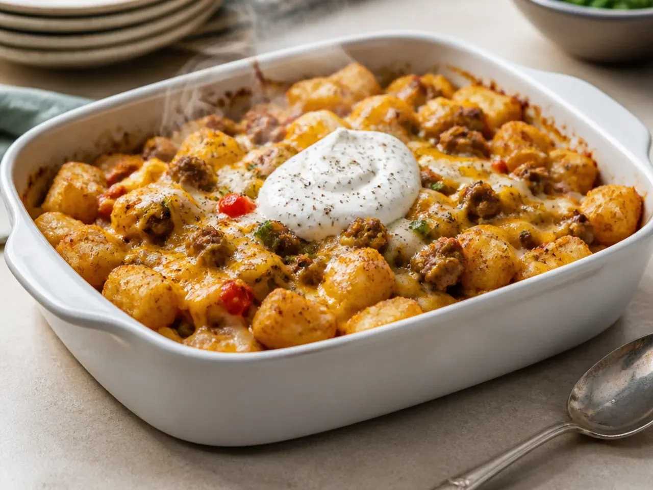 Lighter turkey sausage tater tot breakfast casserole with diced peppers