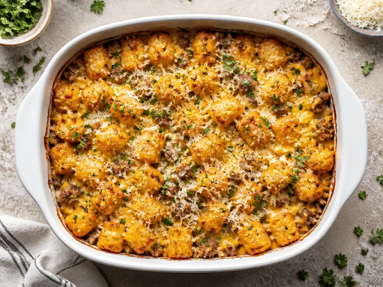 Simple five-ingredient tater tot breakfast casserole fresh from the oven