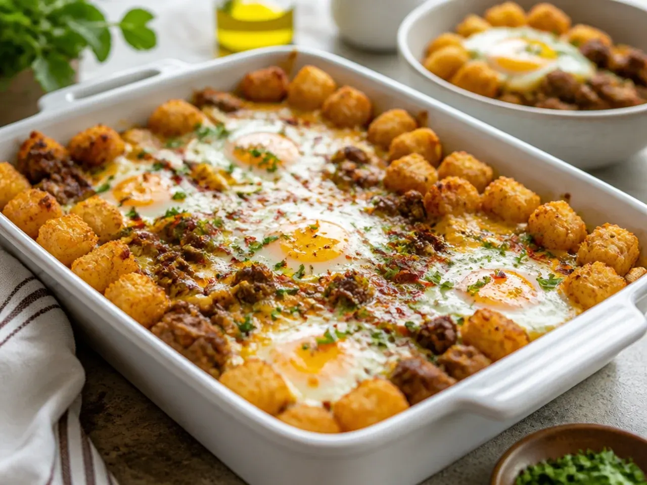 Hearty steak and egg tater tot breakfast casserole with seared steak pieces