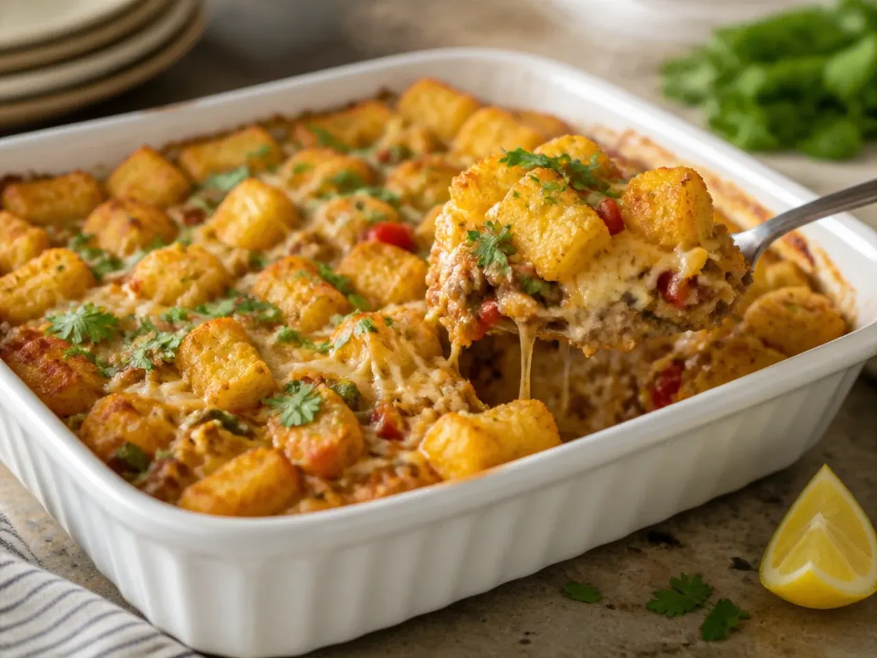 Creamy chorizo and pepper jack tater tot breakfast casserole with a smoky glaze