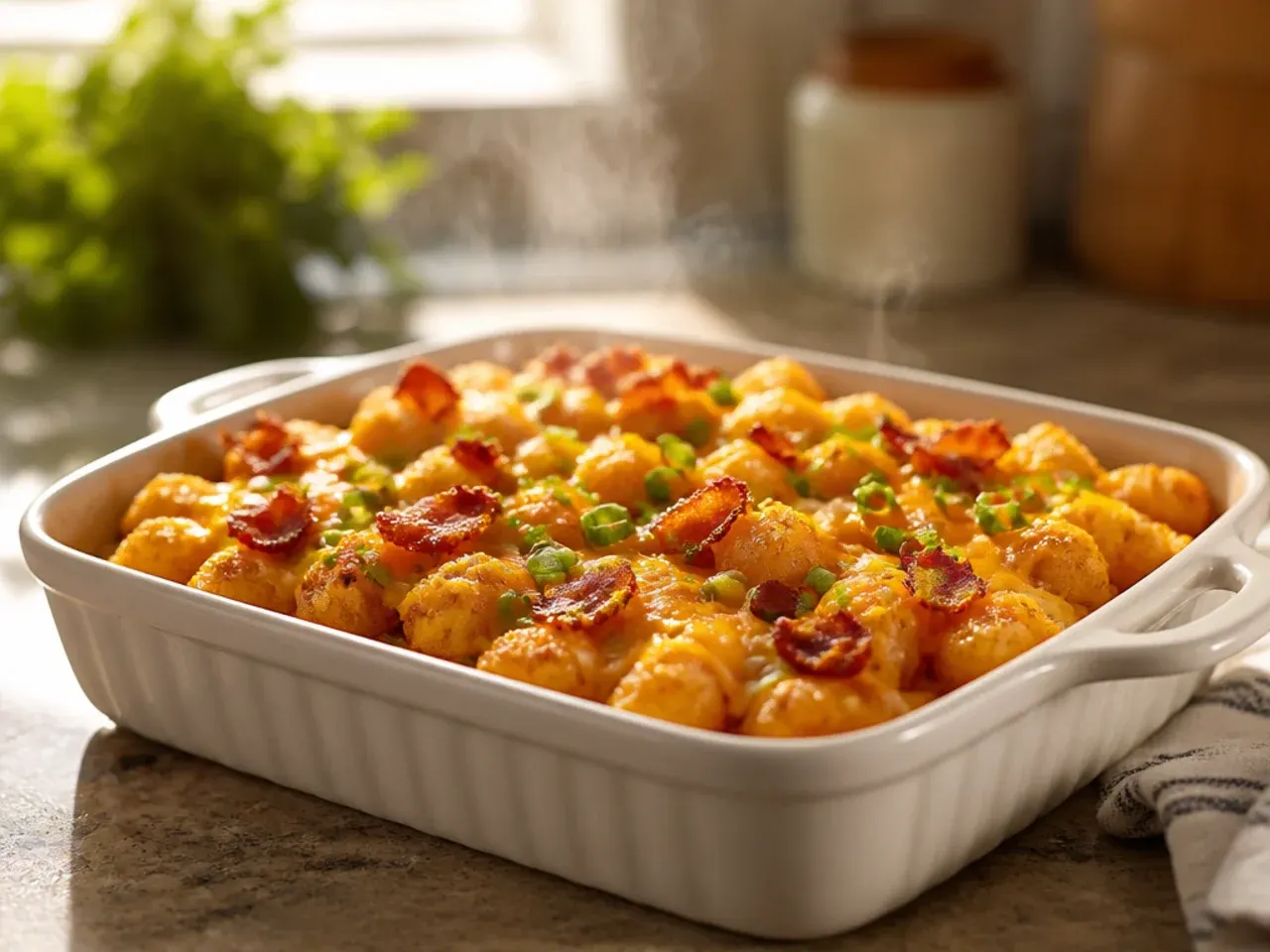 Simple bacon-only tater tot breakfast casserole with cracked black pepper