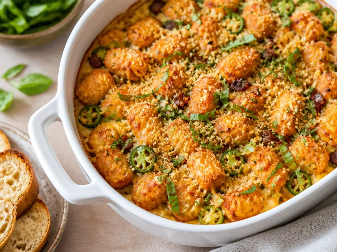 Cheesy jalapeño popper tater tot breakfast casserole topped with tortilla chips