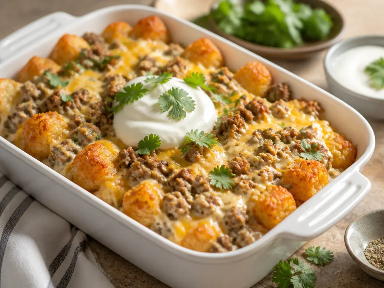 Comforting tater tot breakfast casserole smothered in sausage gravy