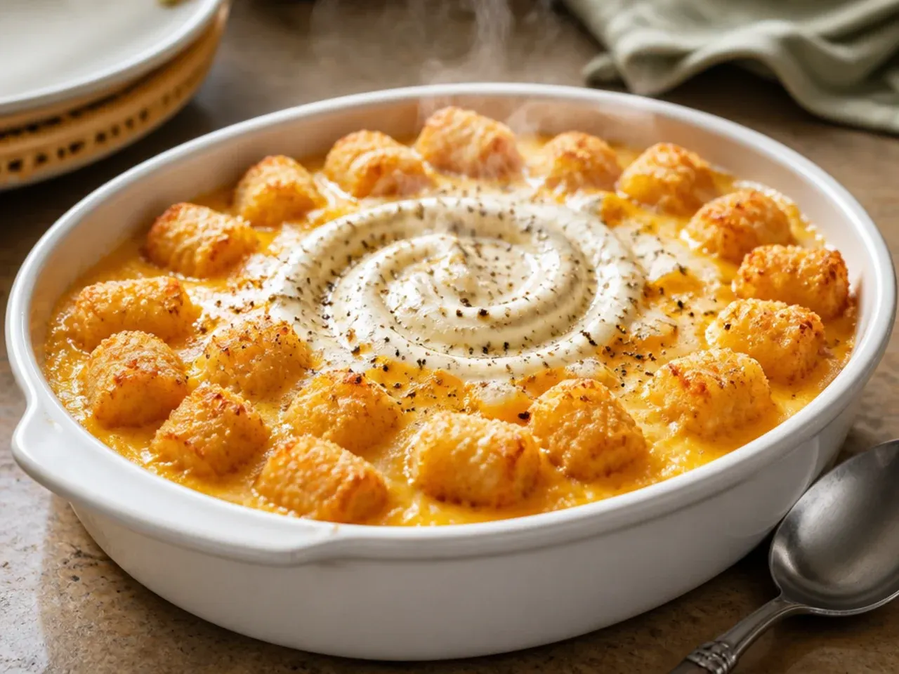 Budget egg-and-cheese tater tot breakfast casserole in a simple baking dish