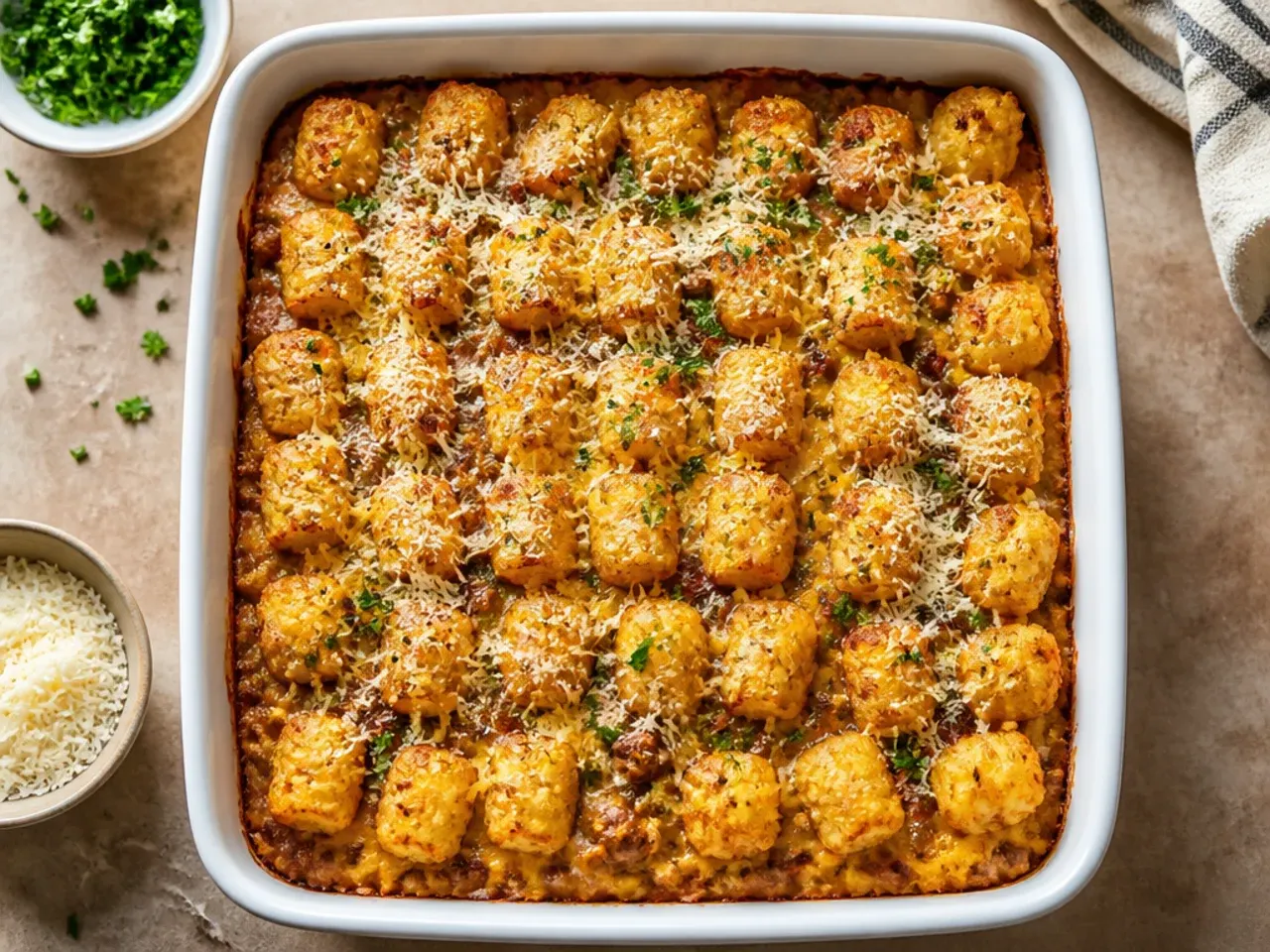 Foil tray of unbaked tater tot breakfast casserole ready for the freezer