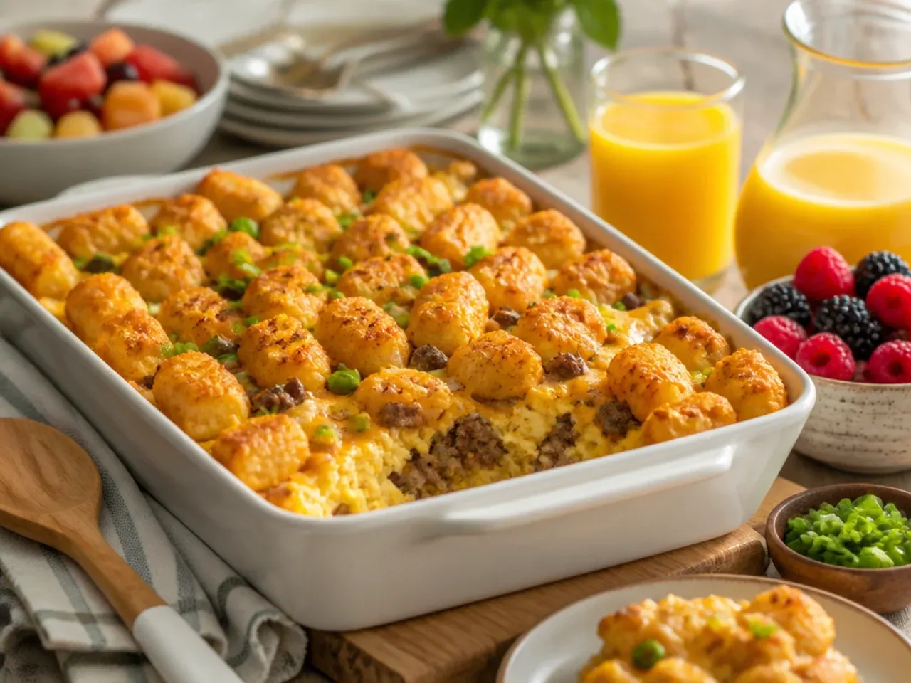 Sliced tater tot breakfast casserole served on a plate with fresh fruit and coffee