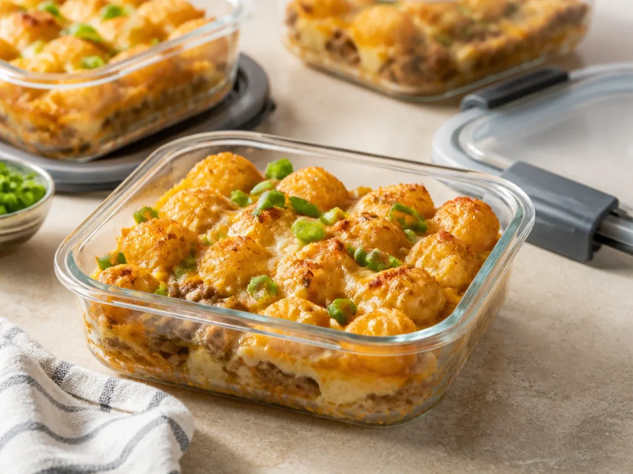 Leftover tater tot breakfast casserole portions stored in airtight containers