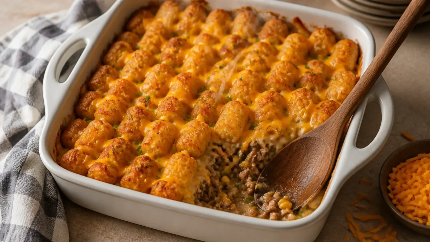 Overhead shot of a bubbling tater tot casserole fresh from the oven, with golden crispy tots and melted cheddar cheese in a white baking dish.