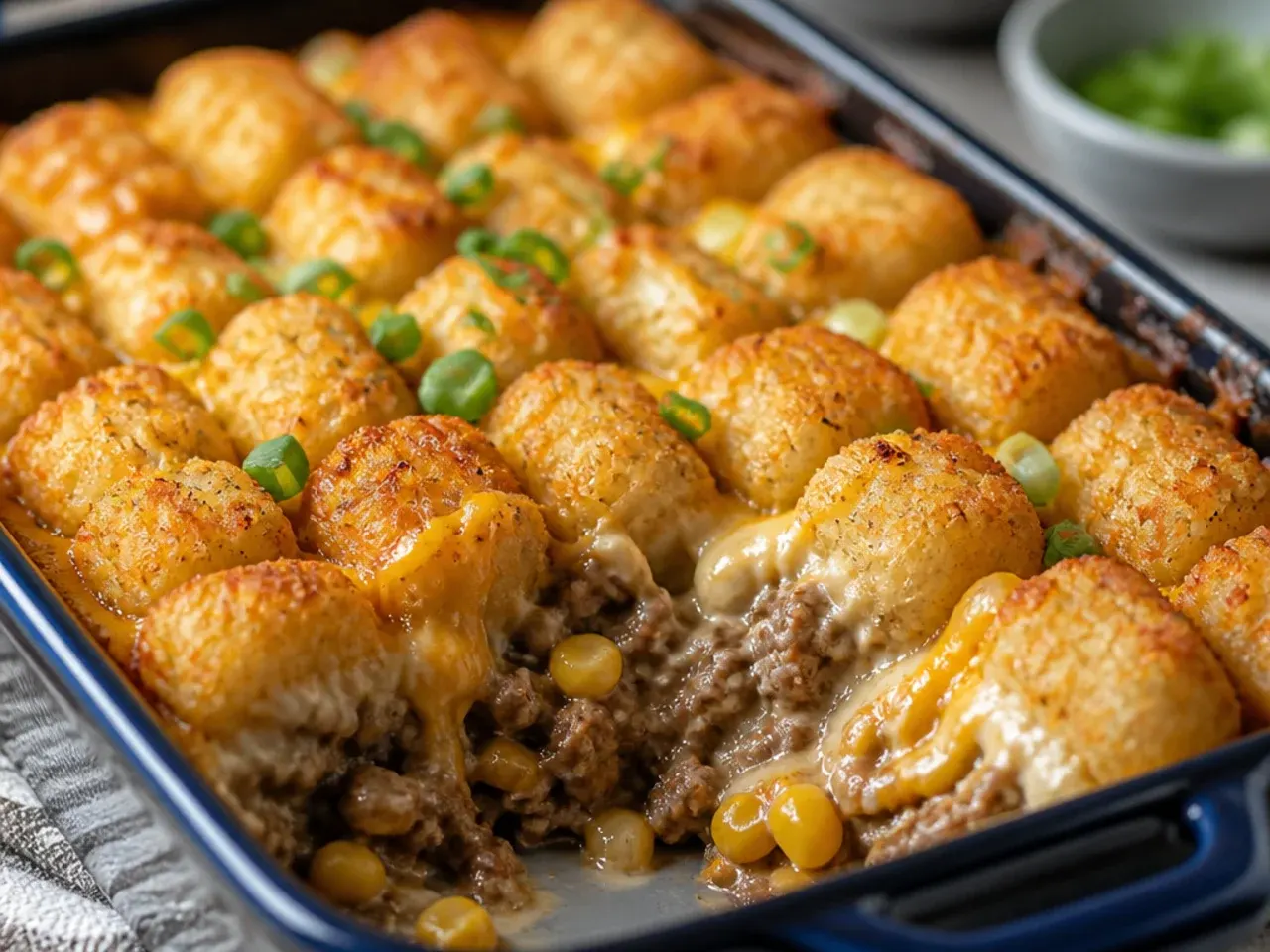 Overhead shot of a bubbling tater tot casserole fresh from the oven, golden tots and melted cheddar cheese, in a white baking dish.