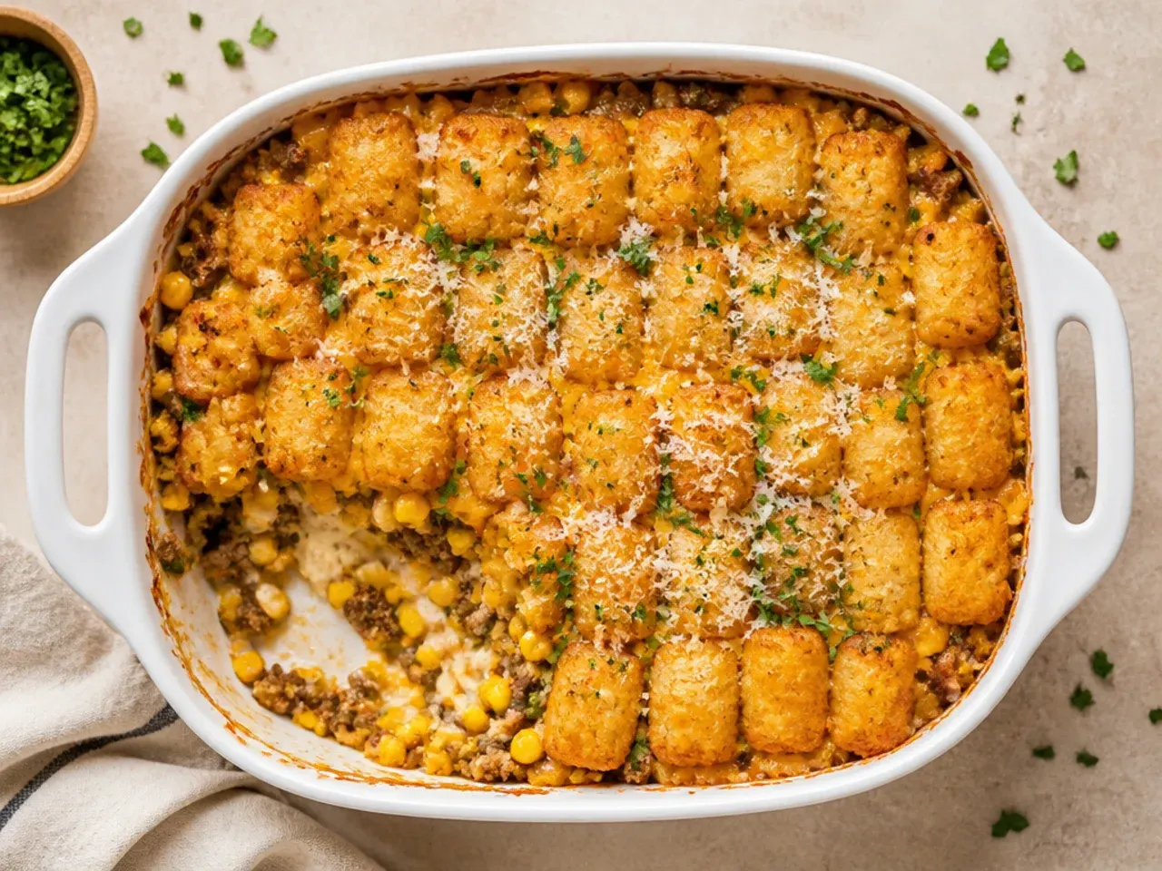 Classic tater tot casserole with ground beef, corn and melted cheddar in a baking dish.
