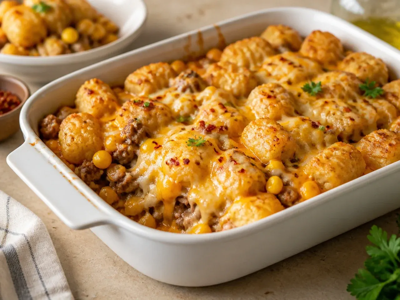 A simple five-ingredient tater tot casserole in a skillet, ready for the oven.