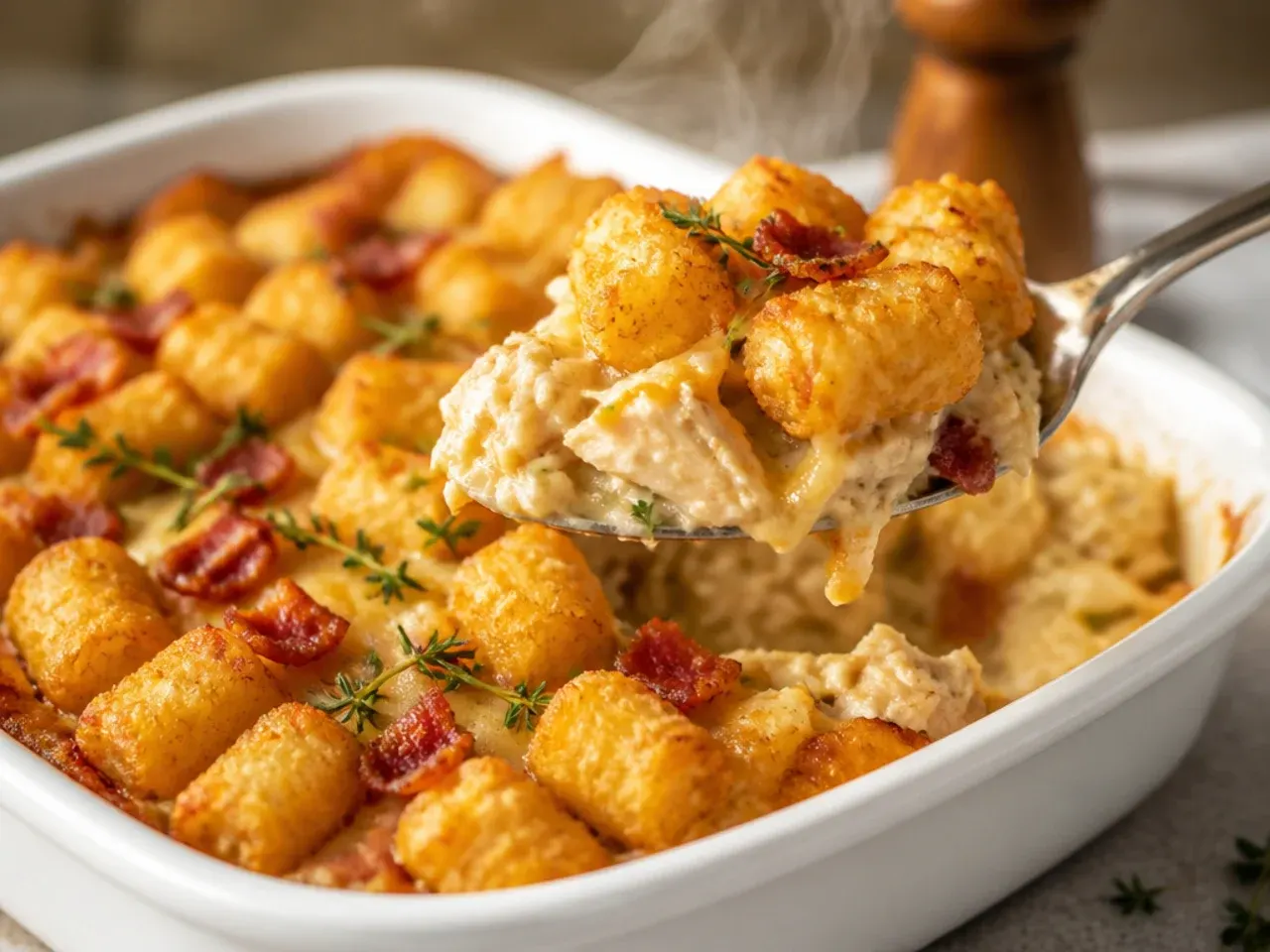 Hearty chicken and bacon tater tot casserole topped with crispy bacon bits.