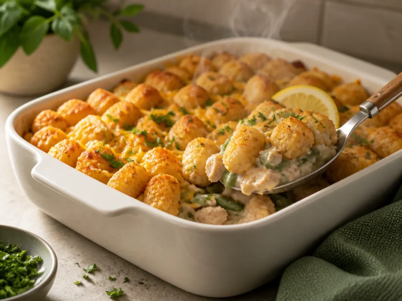 Cozy turkey and green bean tater tot casserole in a rustic ceramic dish.