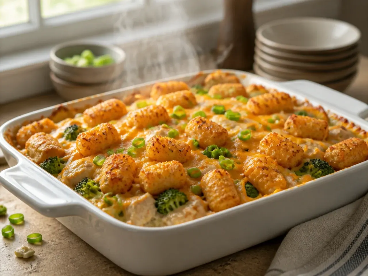 Creamy chicken and broccoli tater tot casserole with a golden tot topping.