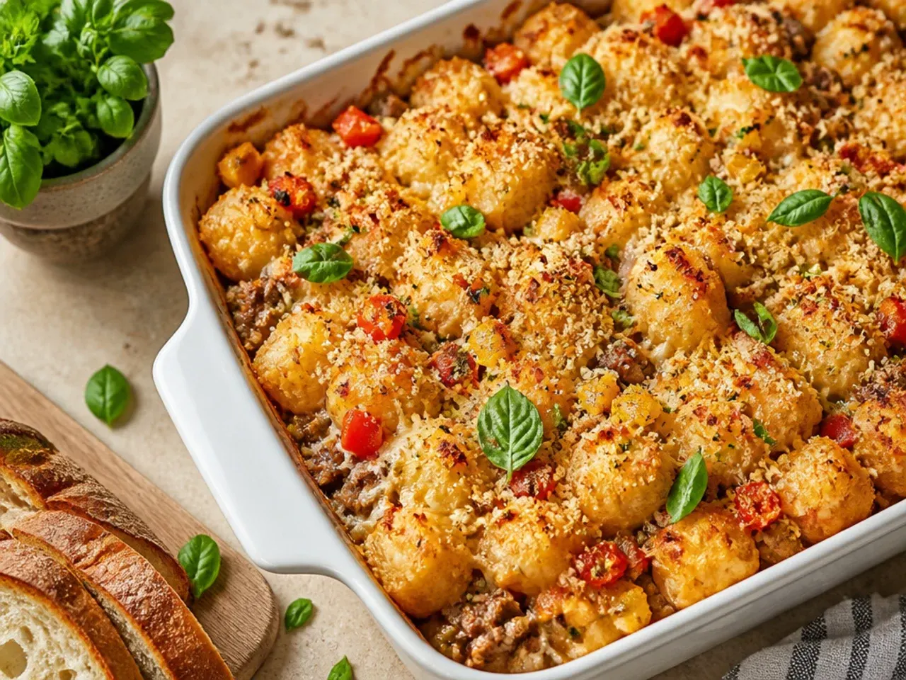 Simple sausage and pepper tater tot casserole with red and green peppers.
