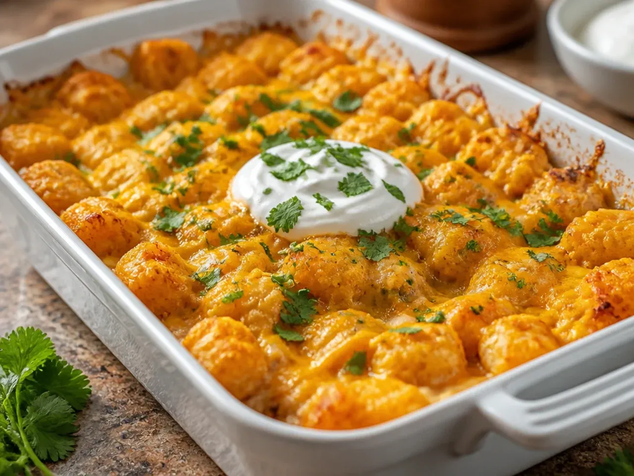 Extra cheesy three-cheese tater tot casserole with stretchy melted cheese.