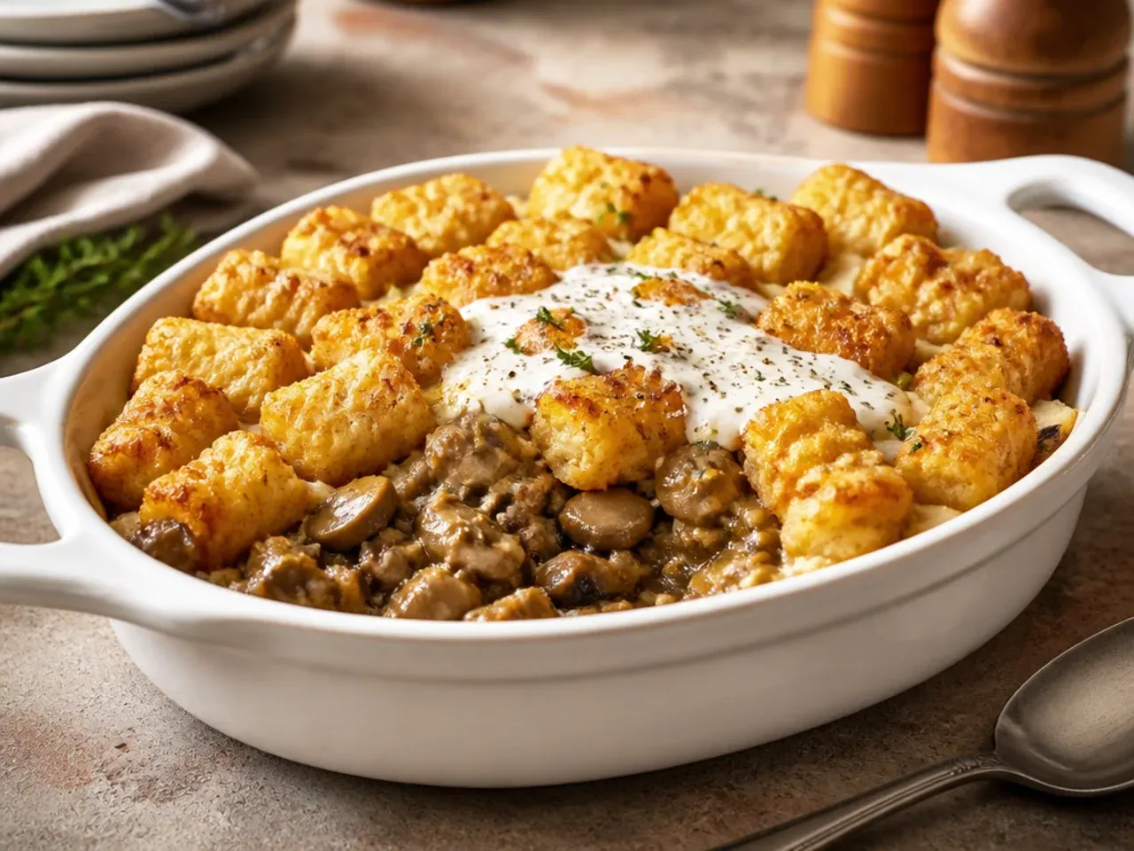 Comforting beef and mushroom tater tot casserole with sautéed mushrooms.